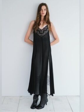 Zara Black Lace-Trim Midi Slip Dress